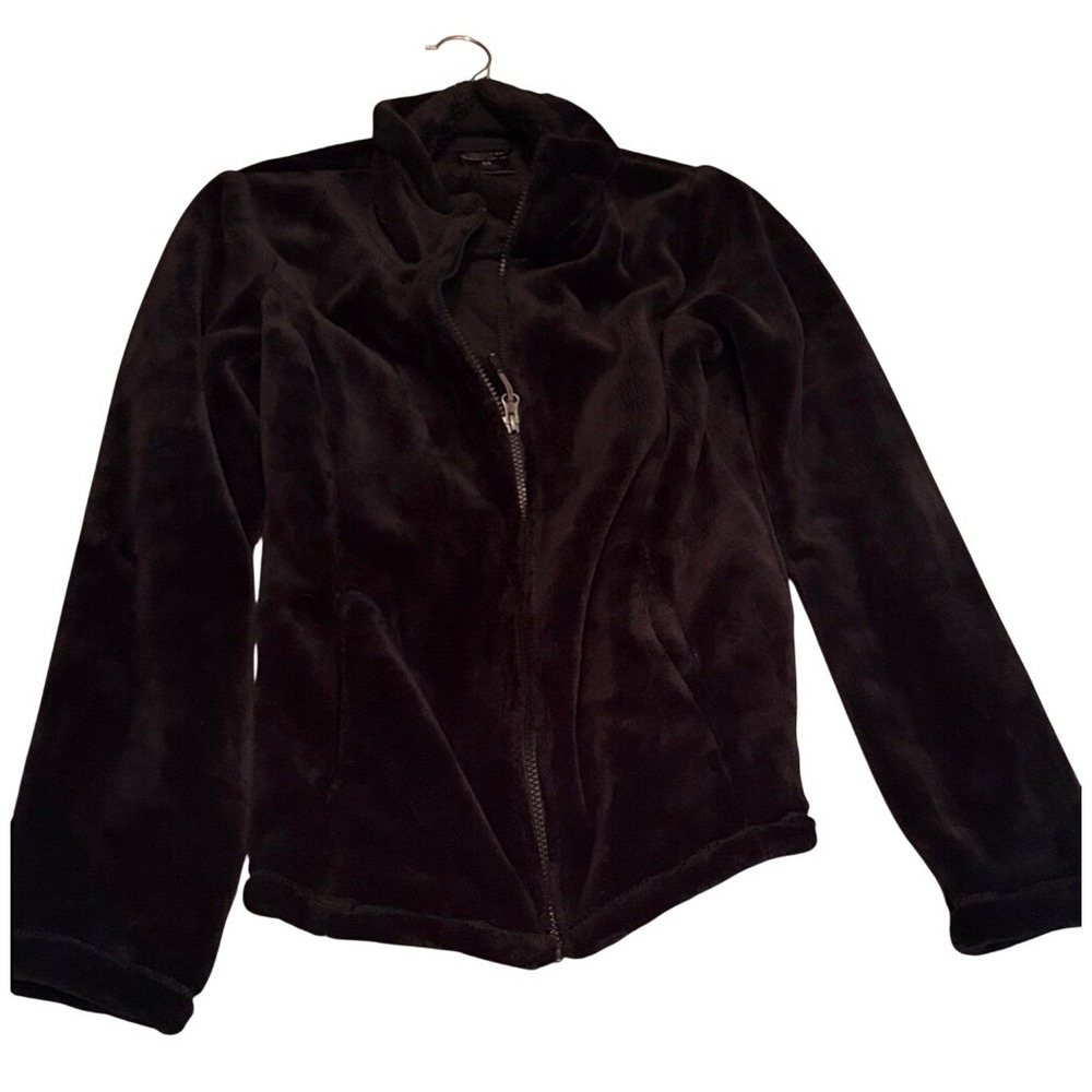 Womens Black Plush Fleece Full Zip‎ Jacket Mock Neck Soft Warm Layering Coat